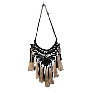 Boho Black Wood Bead Macrame Statement Bib Necklace Raffia Tassel Fringe Tan